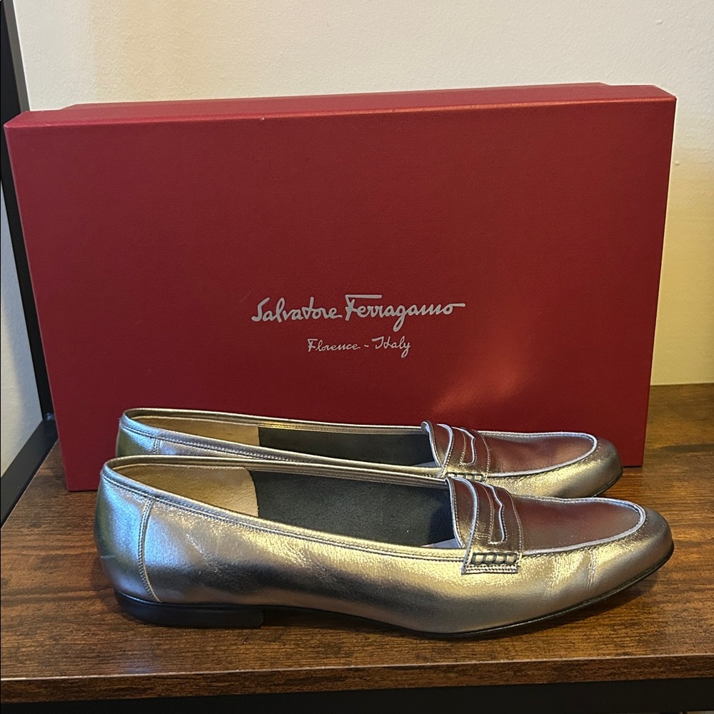 Salvatore Ferragamo Metallic Silver Leather Loafers*